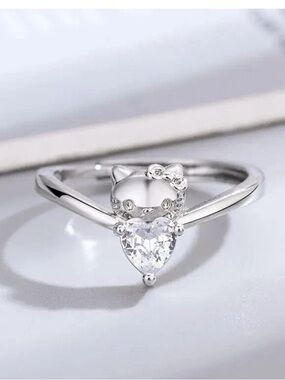Stainless Steel Silver Hello Kitty Zircon Ring Tarnish Free Cute Gift